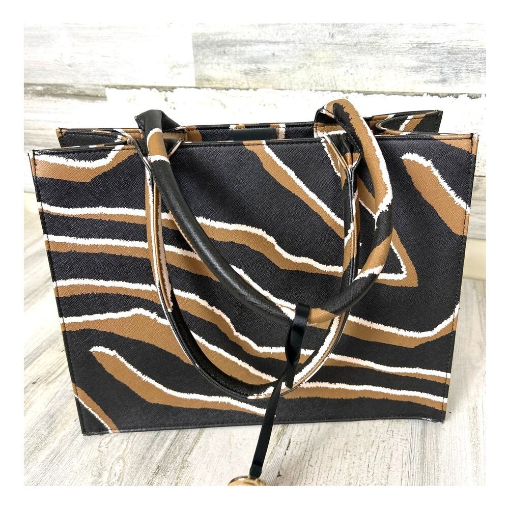Chico’s Womens Tiger Stripe Structured Tote Bag Faux Leather Gold Logo Purse